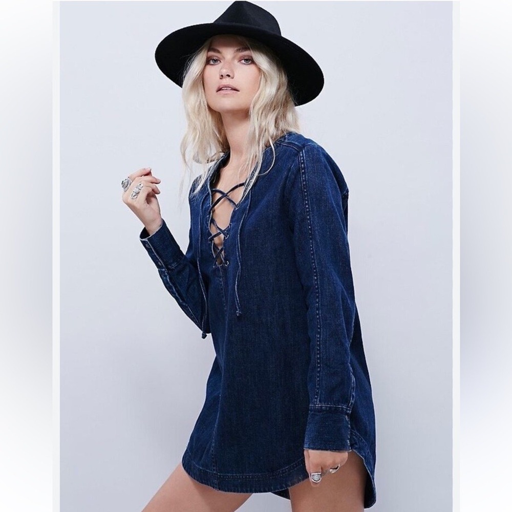 Free People NWOT Denim Tunic Dress Size S Dark Wash Lace Up Boho Long Sleeve